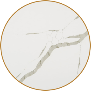 Gilded Calacatta quartz slab inventory selection featuring a bright white surface with bold gold and gray veining